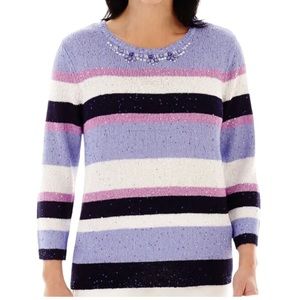 Alfred Dunner Sweater 3X Purple Blue White Stripes Sparkle Sequin Rhinestones